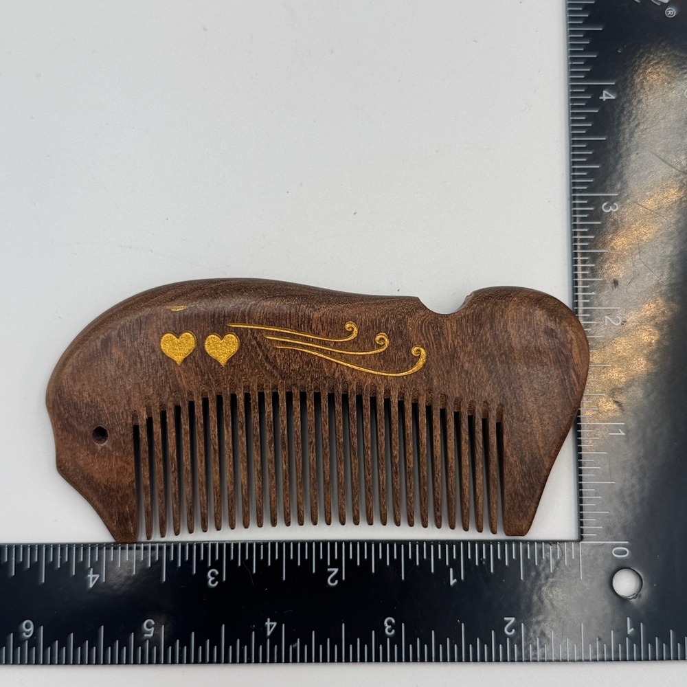 Handcrafted Dark Wood Pocket Hair Comb Gold Heart Engraved Fine Tooth Detangler